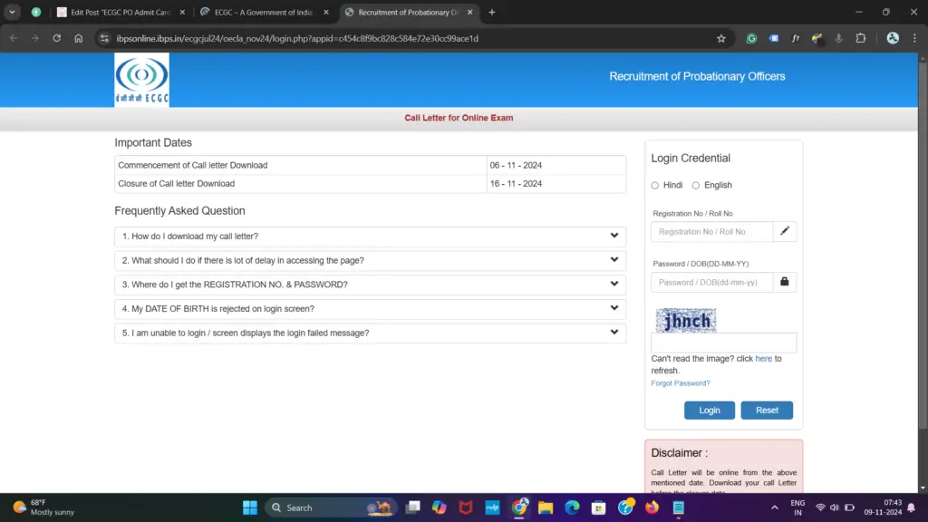 ECGC PO 2024 Admit Card