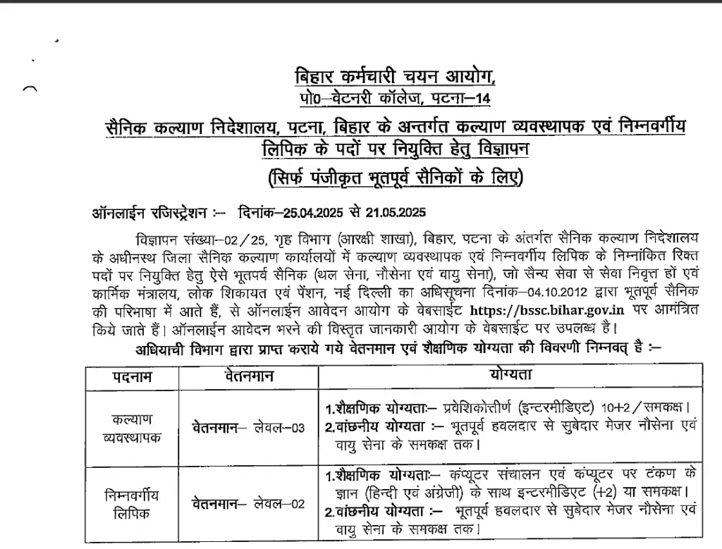 Bihar SSC Welfare Manager and LDC Recruitment 2025